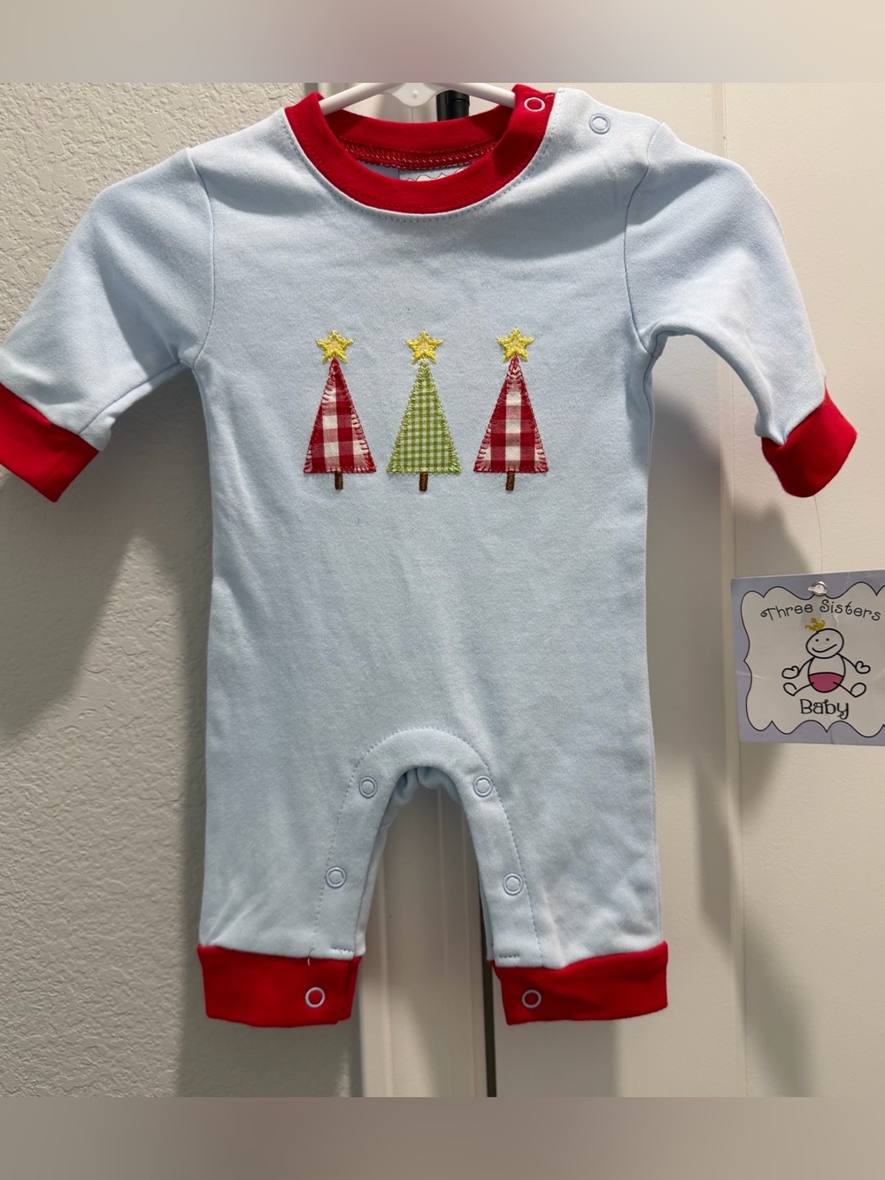 Three Sisters Baby Blue Red Christmas Holiday Bodysuit Red Trim Newborn
